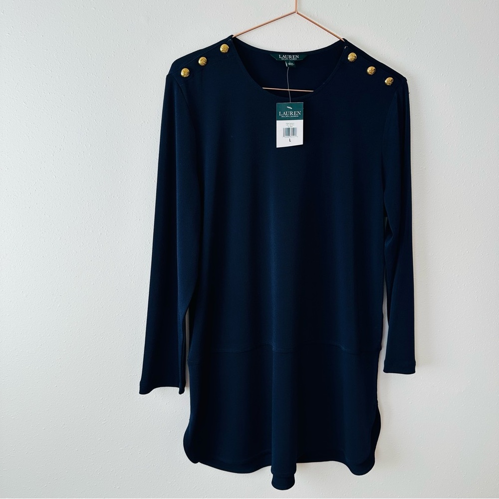 New Lauren Ralph Lauren Navy Blue Blouse Top with Gold Button Details - Picture 6 of 8